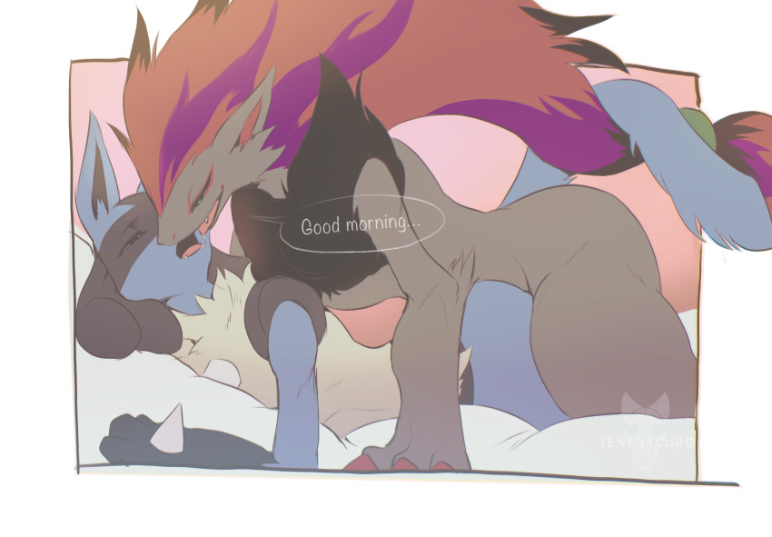 2boys, after_kiss, all_fours, alternate_hair_color, animal_ears, animal_hands, artist_name, bed_sheet, black_fur, black_hair, blue_fur, body_fur, border, claws, english_text, eye_contact, flat_color, furry, furry_male, furry_with_furry, gen_4_pokemon, gen_5_pokemon, gradient_background, green_eyes, grey_fur, hair_ornament, half-closed_eyes, happy, highres, interspecies, long_hair, looking_at_another, lucario, lying, male_focus, multicolored_hair, multiple_boys, neck_fur, nintendo, on_stomach, open_mouth, outside_border, pink_background, pokemon, pokemon_(creature), purple_hair, red_eyes, red_hair, saliva, saliva_trail, simple_background, sketch, smile, snout, speech_bubble, spikes, streaked_hair, tail, talking, tenebscuro, thick_thighs, thighs, tongue, tongue_out, two-tone_fur, very_long_hair, watermark, white_border, wolf_boy, wolf_ears, wolf_tail, yaoi, yellow_fur, zoroark