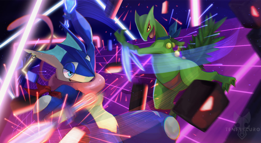 2others, animal_feet, arm_blade, arm_ribbon, arm_up, arms_up, artist_name, bandana