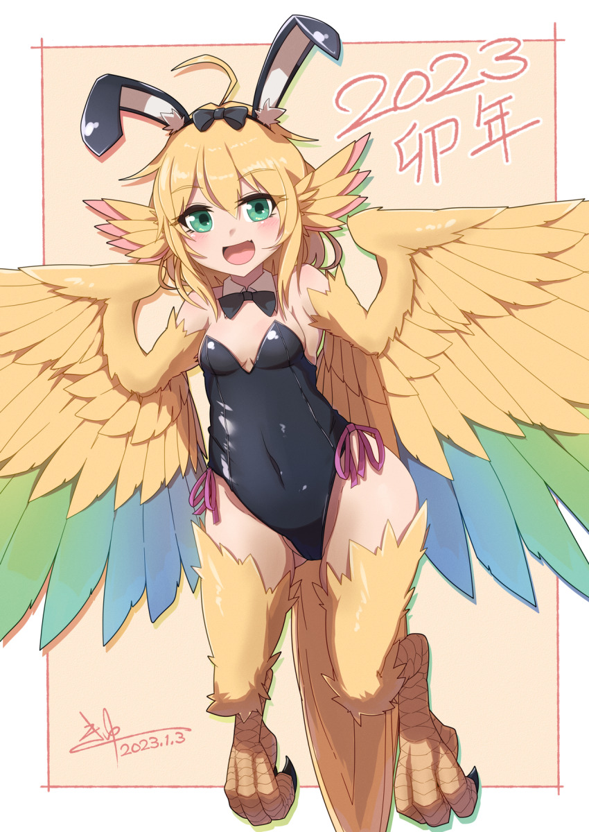 1girl, 2023, animal_ears, bird_ears, bird_legs, bird_tail, black_headband, black_leotard, blush, bow, bowtie, breasts, chinese_zodiac, covered_navel, cue_(lindwrum), dated, detached_collar, fake_animal_ears, fang, feathers, green_eyes, hair_between_eyes, harpy, headband, highres, leotard, long_hair, monster_girl, open_mouth, original, playboy_bunny, rabbit_ears, skin_fang, small_breasts, solo, tail, talons, winged_arms, wings, year_of_the_rabbit, yellow_feathers, yellow_wings