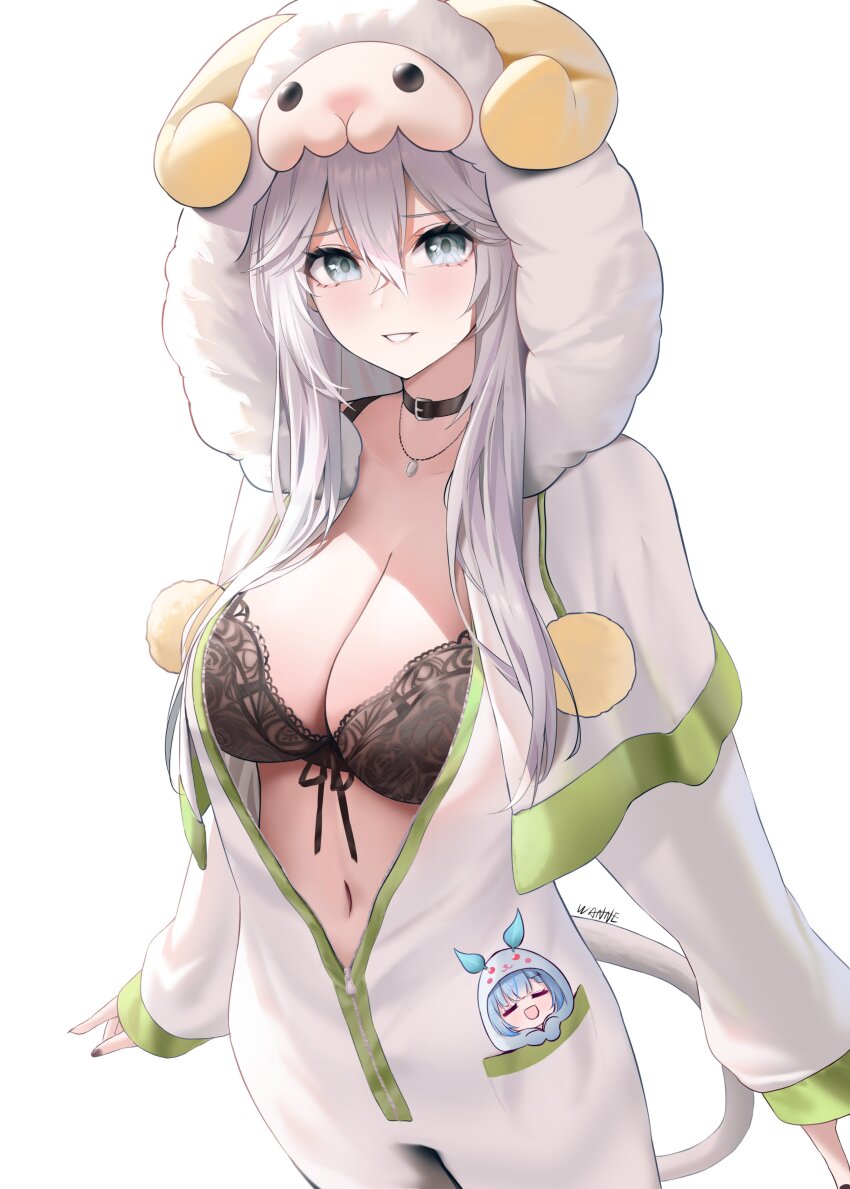 2girls, absurdres, animal_hood, black_bra, black_choker, black_nails, bra, breasts