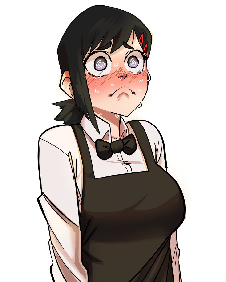 1girl, @_@, apron, black_apron, black_bow, black_bowtie, black_hair, bow, bowtie, chainsaw_man, collared_shirt, hair_ornament, hairclip, higashiyama_kobeni, highres, looking_at_viewer, ponytail, shirt, short_hair, short_ponytail, simple_background, single_sidelock, solo, struggling4rt, sweat, swept_bangs, tearing_up, white_background, white_shirt