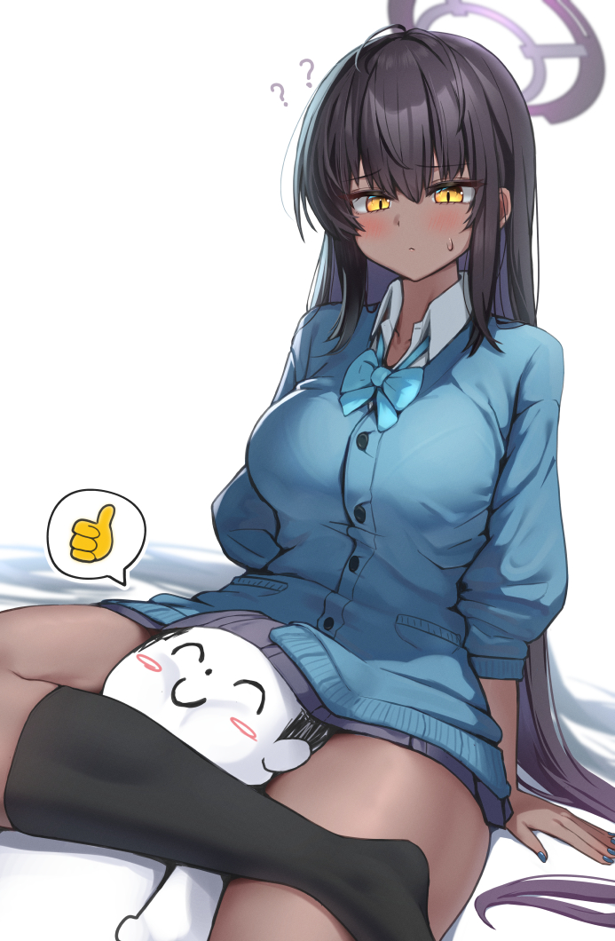 1boy, 1girl, ?, doodle_sensei_(blue_archive), black_hair, black_socks, blue_archive, blue_bow, blue_bowtie, blue_cardigan, blue_nails, blush, bow, bowtie, breasts, cardigan, closed_mouth, collared_shirt, dark-skinned_female, dark_skin, hair_between_eyes, halo, head_between_thighs, karin_(blue_archive), kneehighs, large_breasts, long_hair, long_sleeves, miniskirt, no_shoes, scissorhold, sensei_(blue_archive), shirt, simple_background, sitting, skirt, socks, spoken_thumbs_up, sweatdrop, ushimittsu, very_long_hair, white_background, yellow_eyes