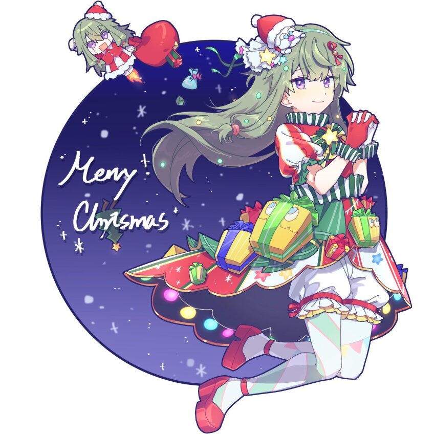 1boy, 2girls, bloomers, border, christmas, christmas_tree_costume, closed_mouth, commentary