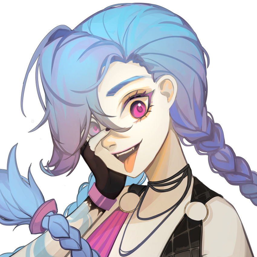 1girl, :d, absurdres, arm_tattoo, bare_shoulders, black_gloves, black_nails, braid