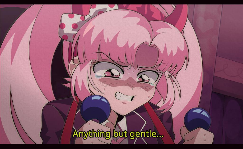 1girl, angry, bow, clenched_teeth, controller, danganronpa_(series), danganronpa_another_episode:_ultra_despair_girls, english_text, fake_horns, holding, horns, joystick, kiki_witch, letterboxed, long_hair, parted_bangs, pink_eyes, pink_hair, polka_dot, polka_dot_bow, portrait, retro_artstyle, solo, subtitled, tearing_up, teeth, twintails, utsugi_kotoko