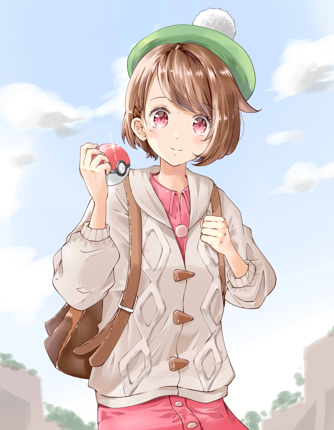 1girl, alternate_eye_color, ayaro_(genkiloobaii), backpack, bag, bob_cut, brown_bag, brown_hair, buttons, cable_knit, cardigan, cloud, collared_dress, commentary_request, day, dress, eyelashes, glint, gloria_(pokemon), green_hat, grey_cardigan, hat, highres, holding, holding_poke_ball, holding_strap, hood, hooded_cardigan, looking_at_viewer, nintendo, outdoors, pink_dress, pink_eyes, poke_ball, poke_ball_(basic), pokemon, pokemon_sword_and_shield, short_hair, sky, solo, tam_o'_shanter