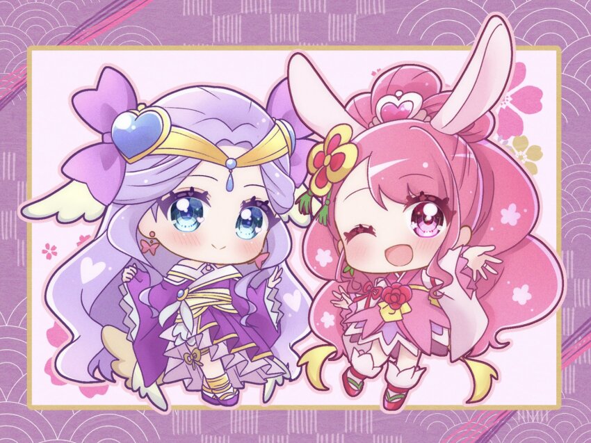 2girls, animal_ears, blue_eyes, butterfly_earrings, chibi, commentary_request, cure_earth, cure_earth_(partner_form), cure_grace, cure_grace_(partner_form), detached_sleeves, dog_tail, dress, earrings, full_body, fuurin_asumi, hanadera_nodoka, happy_new_year, healin'_good_precure, highres, japanese_clothes, jewelry, kimono, long_hair, magical_girl, multiple_girls, new_year, one_eye_closed, parted_bangs, pink_eyes, pink_hair, pink_kimono, ponytail, precure, purple_dress, purple_hair, rabbit_ears, smile, tail, umiyuki_(umi_chu)