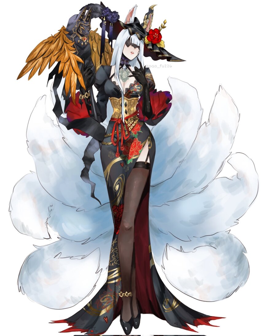 1girl, animal, animal_ears, black_dress, black_footwear, black_gloves, black_headwear, black_thighhighs