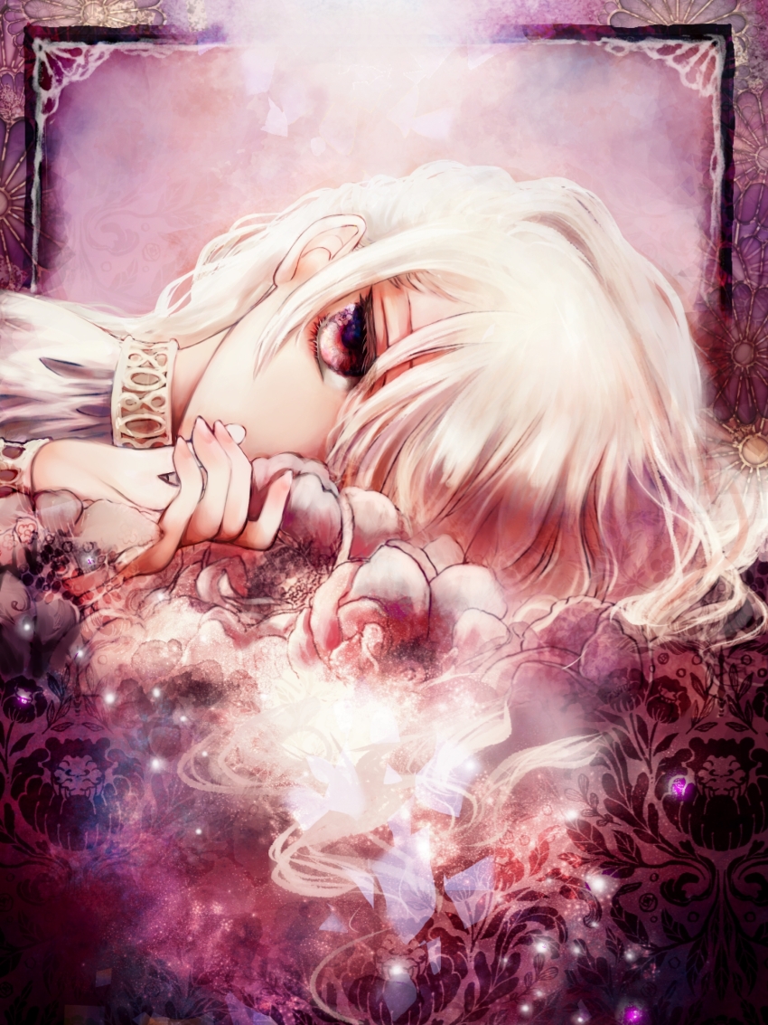1boy, absurdres, child, covered_mouth, dress, eyelashes, floating_lights, flower, glowing, glowing_petals, hair_over_one_eye, highres, long_hair, looking_at_viewer, lying, medibang_paint_(medium), nokkoman, on_side, original, petals, red_eyes, solo, white_flower, white_hair