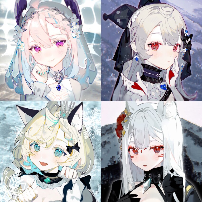 4girls, animal_ear_fluff, animal_ears, black_bow, black_collar, black_dress, black_gloves, black_ribbon