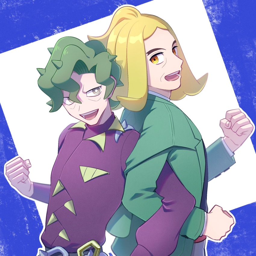 2boys, :d, blonde_hair, brassius_(pokemon), bright_pupils, clenched_hand, clenched_hands, commentary_request, green_hair, green_jacket, half_updo, hassel_(pokemon), highres, jacket, long_sleeves, male_focus, moi_(transmission), multiple_boys, nintendo, open_mouth, pokemon, pokemon_scarlet_and_violet, ponytail, purple_jacket, ringed_eyes, short_hair, short_ponytail, smile, teeth, tongue, white_pupils