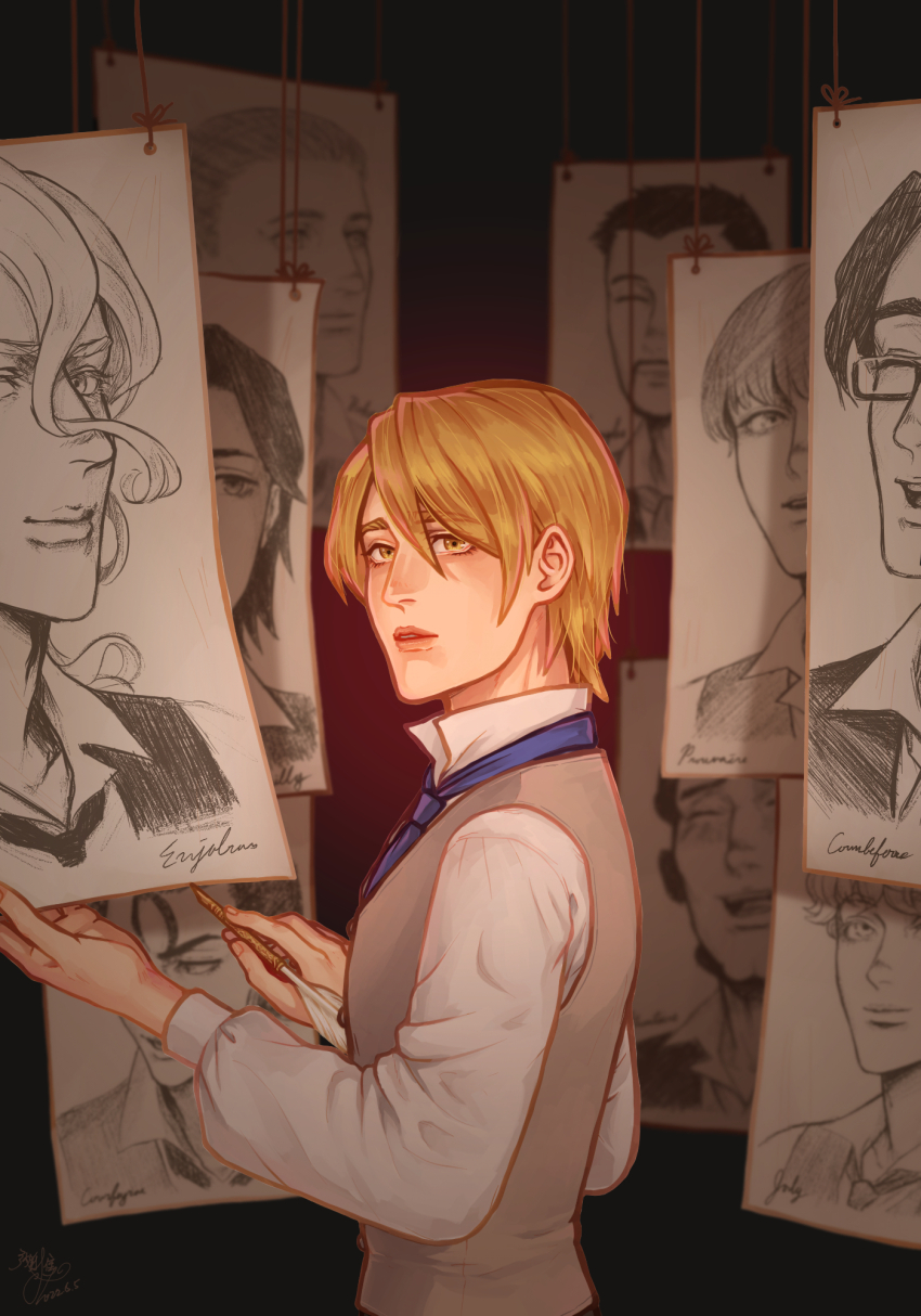 1boy, blonde_hair, blue_necktie, combeferre_(les_miserables), courfeyrac, enjolras, grey_vest, haya-huang