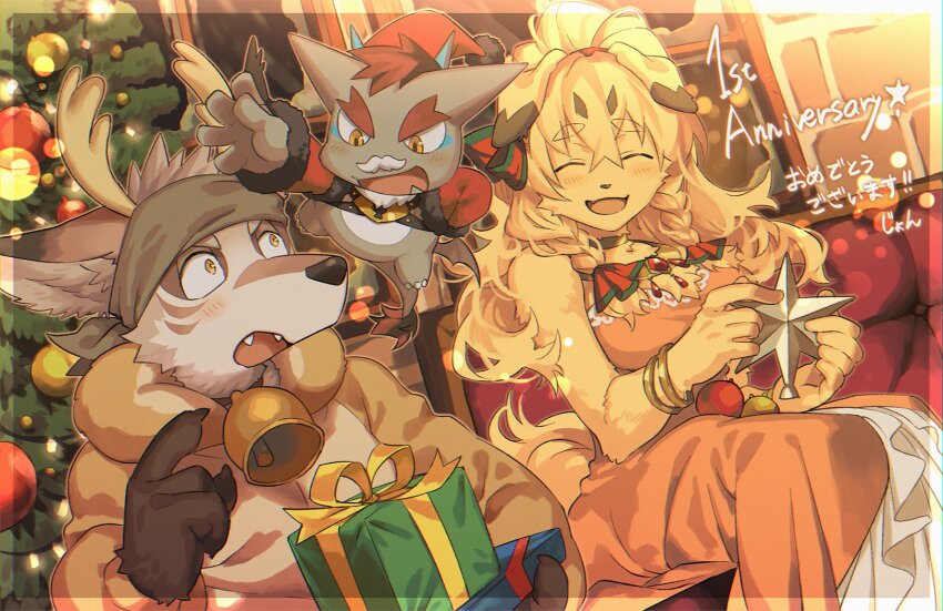 1girl, 2boys, :3, ^_^, animal_costume, animal_ear_fluff, animal_ears, animal_hands