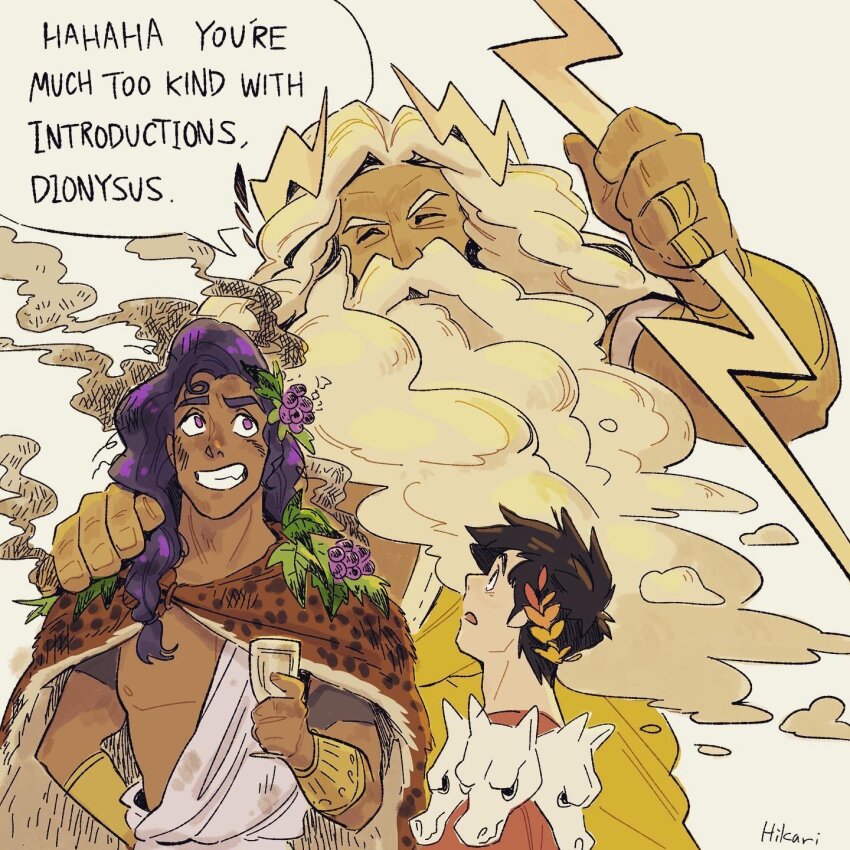 3boys, ^_^, ancient_greek_clothes, animal_print, beard, black_hair, blonde_hair, chalice