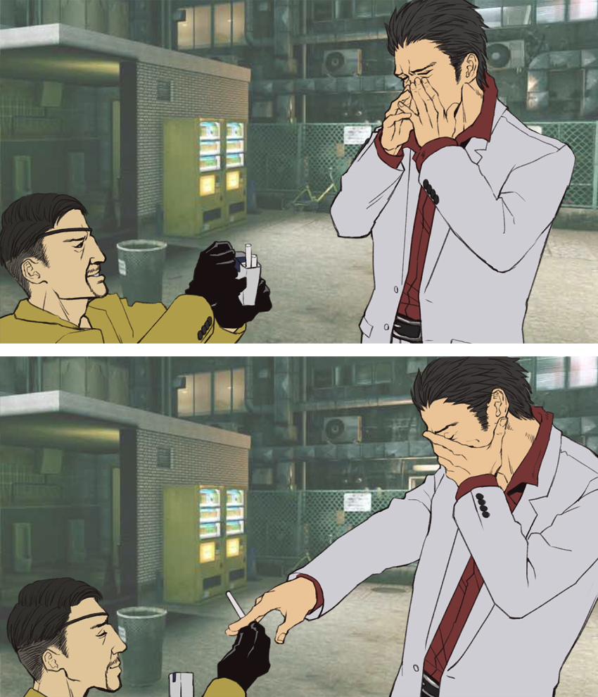 2boys, 2koma, air_conditioner, beard, belt, between_fingers, black_gloves, black_hair, chain-link_fence, cigarette, cigarette_pack, closed_eyes, closed_mouth, collared_shirt, comic, covering_face, covering_own_mouth, donko_4147, eyepatch, facial_hair, fence, flat_color, forehead, from_side, game_screenshot_background, gloves, grey_jacket, grin, hand_up, hands_up, happy, highres, holding, holding_cigarette, jacket, kiryu_kazuma, kneeling, long_sleeves, majima_goro, male_focus, marriage_proposal, multiple_boys, multiple_views, mustache, open_clothes, open_jacket, outdoors, own_hands_together, photo-referenced, profile, red_shirt, ryuu_ga_gotoku_(series), screenshot_background, shirt, shirt_tucked_in, short_hair, sketch, smile, standing, teeth, trash_can, upper_body, vending_machine, yaoi, yellow_jacket