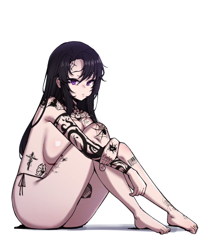1girl, arm_tattoo, barcode, barcode_tattoo, black_hair, breasts, butterfly_tattoo, chest_tattoo, cross_tattoo, foot_tattoo, gyu_(kgh9081), highres, large_breasts, leg_tattoo, long_hair, nude, original, purple_eyes, shoulder_tattoo, sideboob, sitting, solo, spider_tattoo, spider_web_tattoo, tattoo, topless_female, white_background