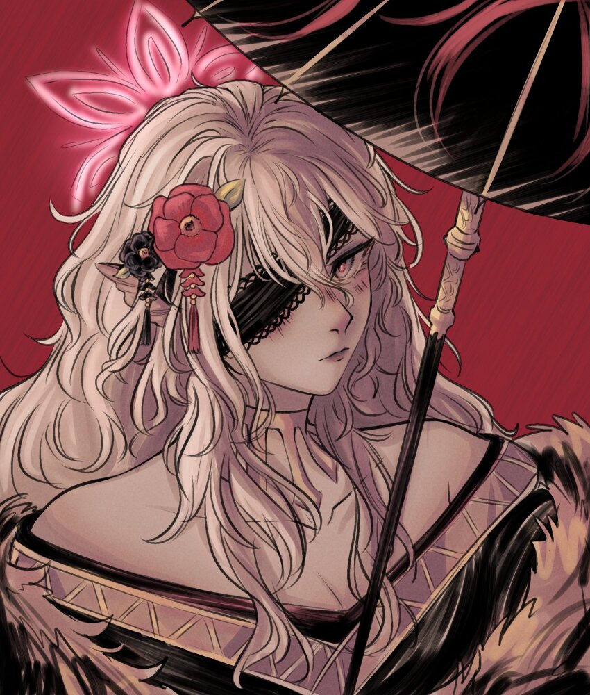 1girl, animal_ears, bare_shoulders, bat_ears, collarbone, embla_(fire_emblem), embla_(new_year)_(fire_emblem), fire_emblem, fire_emblem_heroes, flower, hair_flower, hair_ornament, highres, long_hair, looking_at_viewer, nintendo, off_shoulder, official_alternate_costume, one_eye_covered, red_background, red_flower, solo, umbrella, upper_body, white_hair, z3phyr0sart
