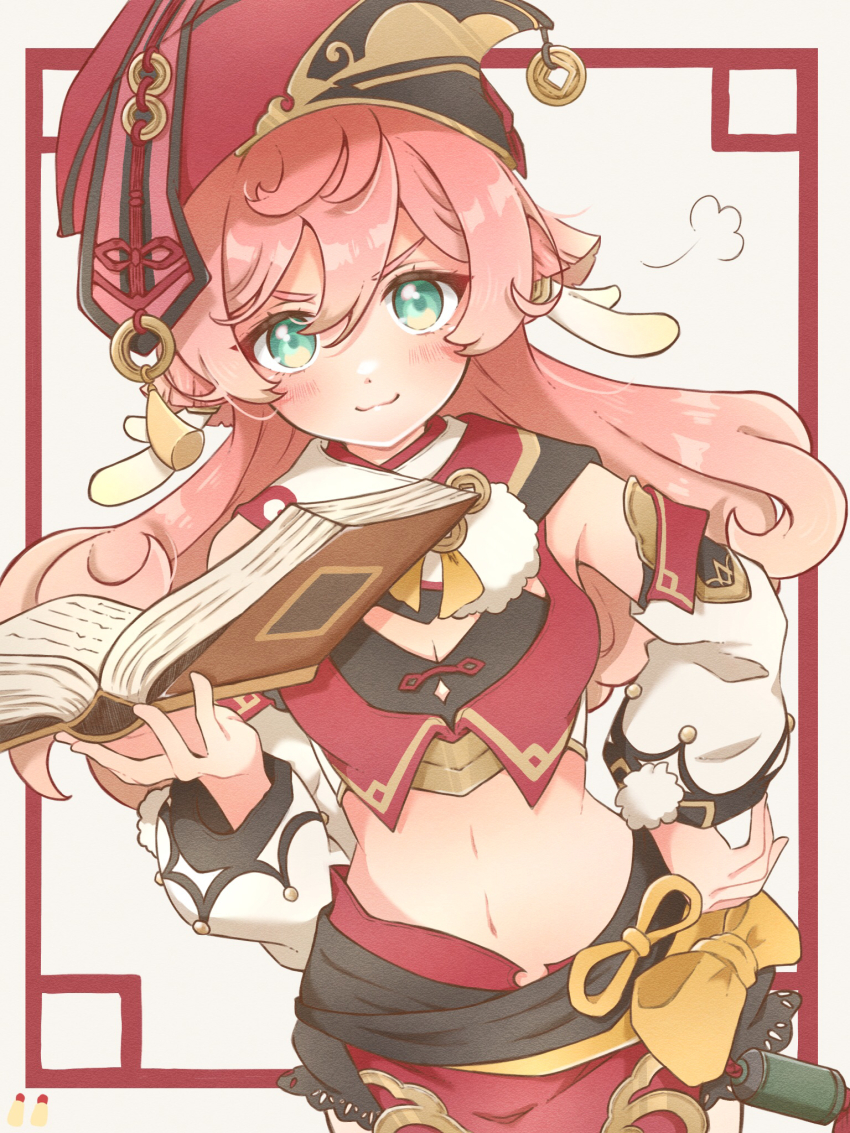 1girl, :3, antlers, blush, book, closed_mouth, cowboy_shot, crop_top, detached_sleeves, dutch_angle, framed, genshin_impact, green_eyes, hand_on_own_hip, highres, holding, holding_book, horns, kazunokoumaa_(mymyabyss), long_hair, looking_at_viewer, midriff, multicolored_clothes, navel, open_book, pink_hair, puff_of_air, red_headwear, smile, solo, v-shaped_eyebrows, white_background, white_sleeves, yanfei_(genshin_impact)