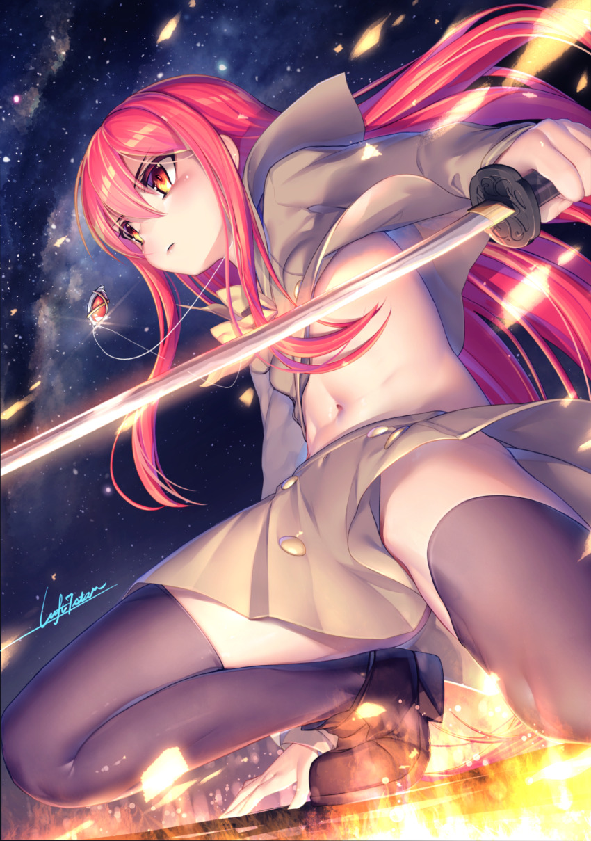 1girl, black_thighhighs, brown_shoes, highres, holding, holding_sword, holding_weapon, katana