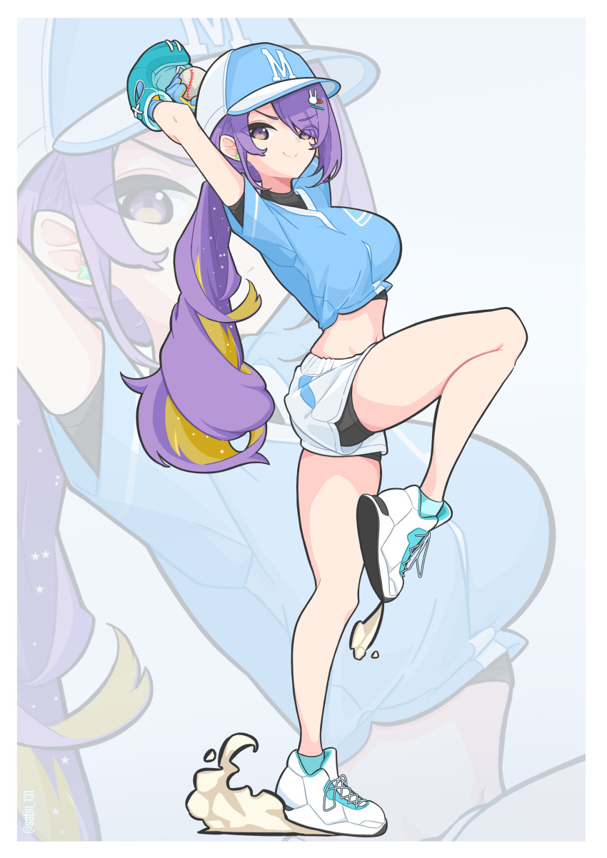 1girl, absurdres, ball, baseball, baseball_glove, blonde_hair, blue_headwear, blue_shirt