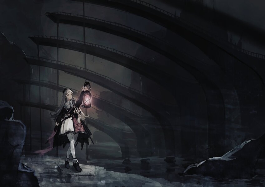 1girl, ammunition_belt, arknights, bandolier, belt, black_footwear, black_gloves, black_shirt