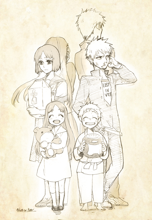 1boy, 1girl, age_progression, aged_down, bag, bleach, boo_br, child