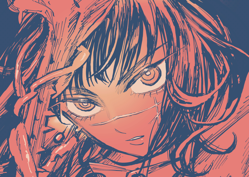 absurdres, chainsaw_man, commentary_request, cross_scar, facial_scar, highres, looking_at_viewer, minoda_(mndh), pixiv, scar, scar_on_cheek, scar_on_face, scar_on_nose, translation_request, yoru_(chainsaw_man)