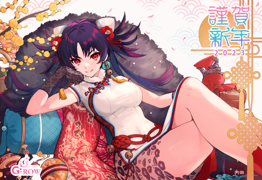1girl, breasts, china_dress, chinese_clothes, covered_navel, crossed_legs, cup, dress, earrings, floral_print, flower, gloves, hair_flower, hair_ornament, highres, jewelry, langhao_(ta_ga_tame_no_alchemist), large_breasts, looking_at_viewer, new_year, nikuta_(gumi), official_art, pillow, purple_hair, red_eyes, sakazuki, slit_pupils, solo, ta_ga_tame_no_alchemist