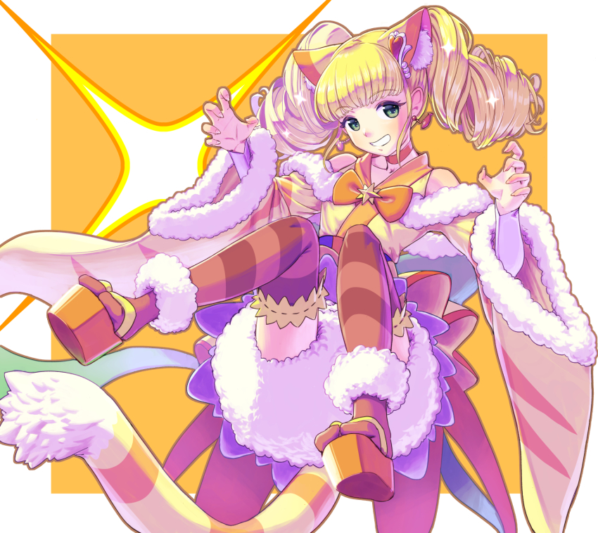 1girl, animal_ear_fluff, animal_ears, artistic_error, blonde_hair, blunt_bangs, clothing_cutout, cure_sparkle