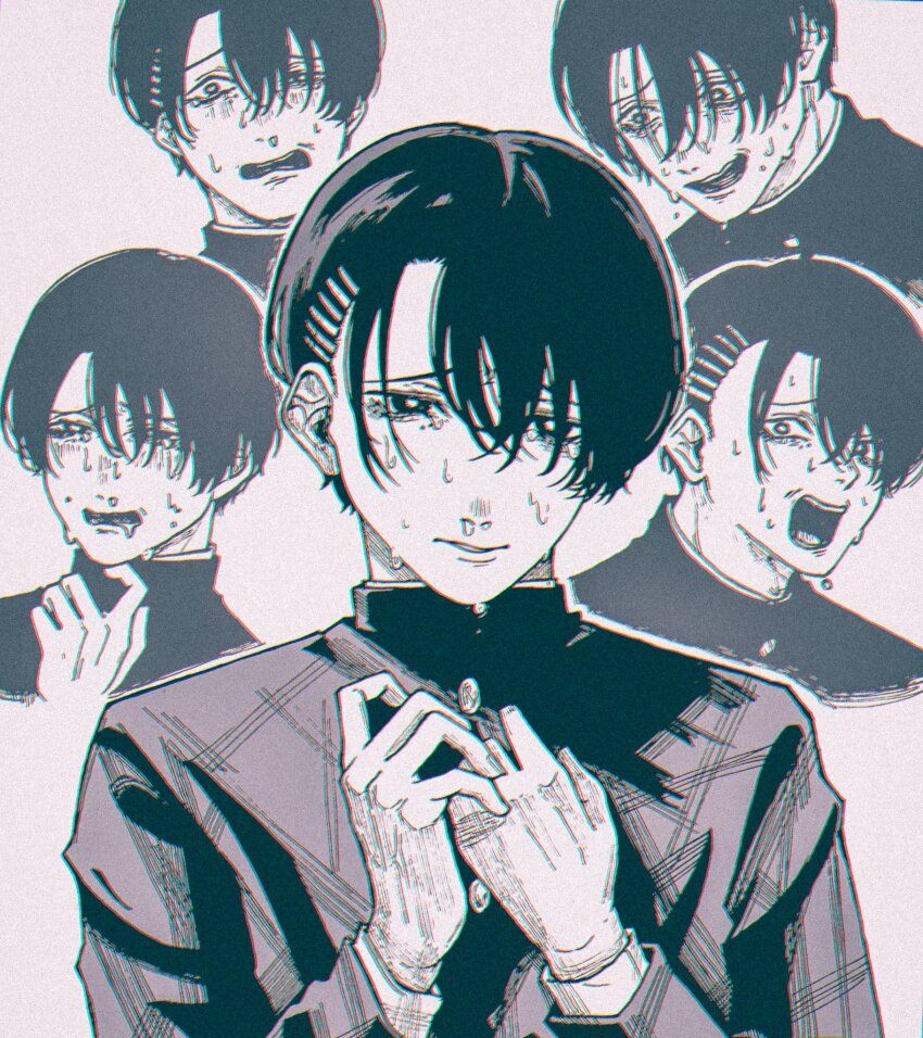 1boy, black_hair, chainsaw_man, crying, gakuran, grey_background, greyscale, hair_ornament
