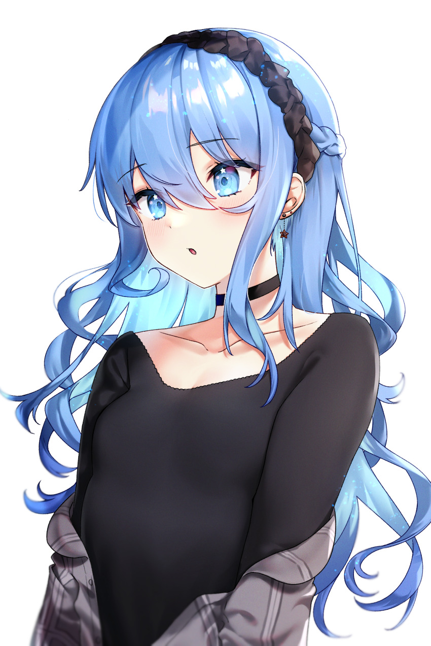 1girl, black_choker, black_hairband, black_shirt, blue_eyes, blue_hair, braid, breasts