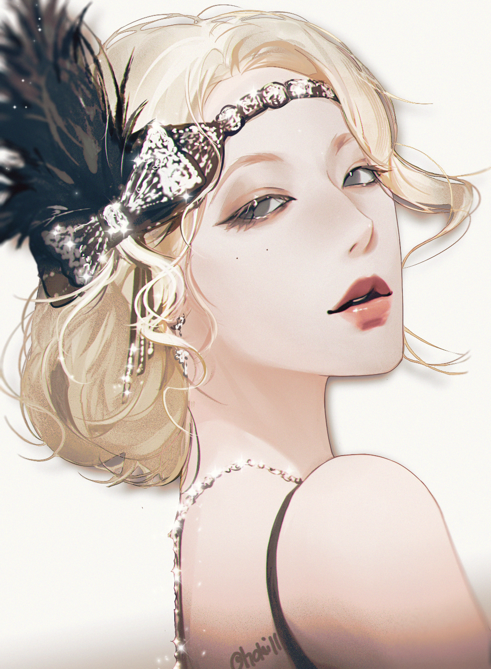 1girl, black_eyes, black_eyeshadow, blonde_hair, bow, eyeshadow, feathers, from_side