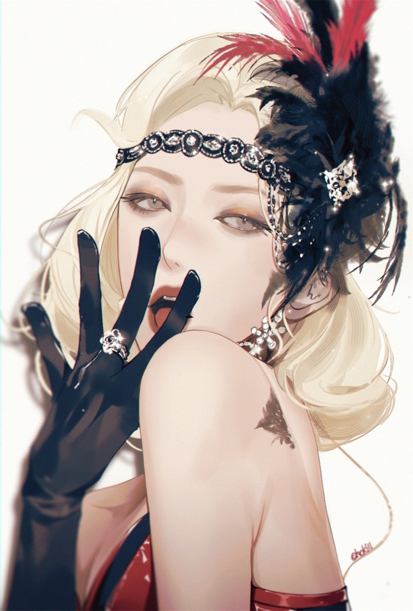 1girl, artist_name, back, black_gloves, black_headband, blonde_hair, breasts, cleavage