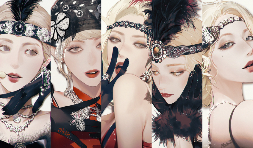 1girl, 5girls, artist_name, back, black_bow, black_dress, black_eyes, black_feathers