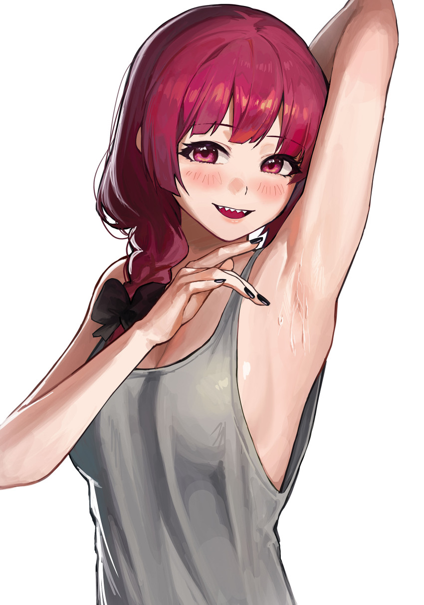 1girl, :d, absurdres, arm_up, armpits, black_bow, black_nails, blunt_bangs