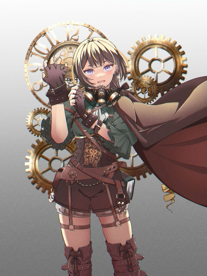1girl, absurdres, alternate_costume, anya_melfissa, anya_melfissa_(steampunk), ascot, brown_cape, brown_gloves, brown_hair, brown_shorts, brown_thighhighs, cape, corset, cowboy_shot, fingerless_gloves, frilled_sleeves, frills, gear_earrings, gears, gloves, gradient_background, green_shirt, highres, hololive, hololive_indonesia, looking_at_viewer, mask, open_mouth, puffy_short_sleeves, puffy_sleeves, purple_eyes, putting_on_gloves, raikkonen, shirt, short_sleeves, shorts, solo, standing, steampunk, thighhighs, virtual_youtuber