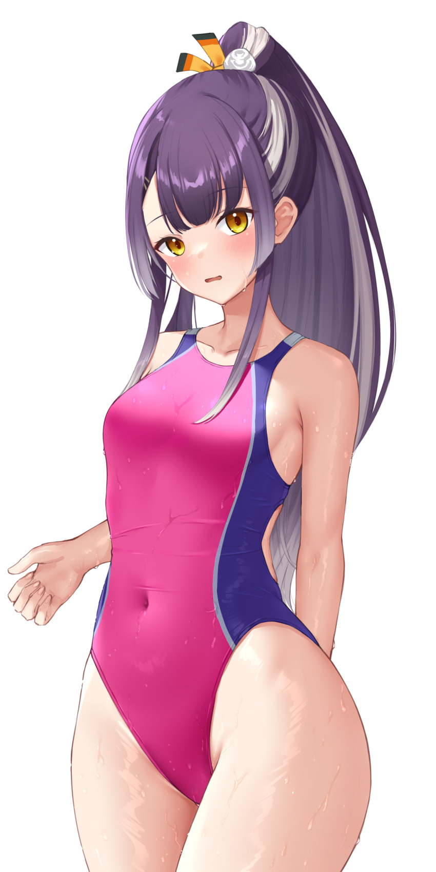 1girl, absurdres, black_hair, breasts, brown_eyes, commission, competition_swimsuit, covered_navel, cowboy_shot, grey_hair, highres, long_hair, looking_at_viewer, medium_breasts, multicolored_hair, multicolored_swimsuit, ncontrail_(mgax7527), nijisanji, one-piece_swimsuit, pink_one-piece_swimsuit, ponytail, skeb_commission, skin_tight, solo, streaked_hair, swimsuit, umise_yotsuha, virtual_youtuber, wet, wet_clothes, wet_swimsuit