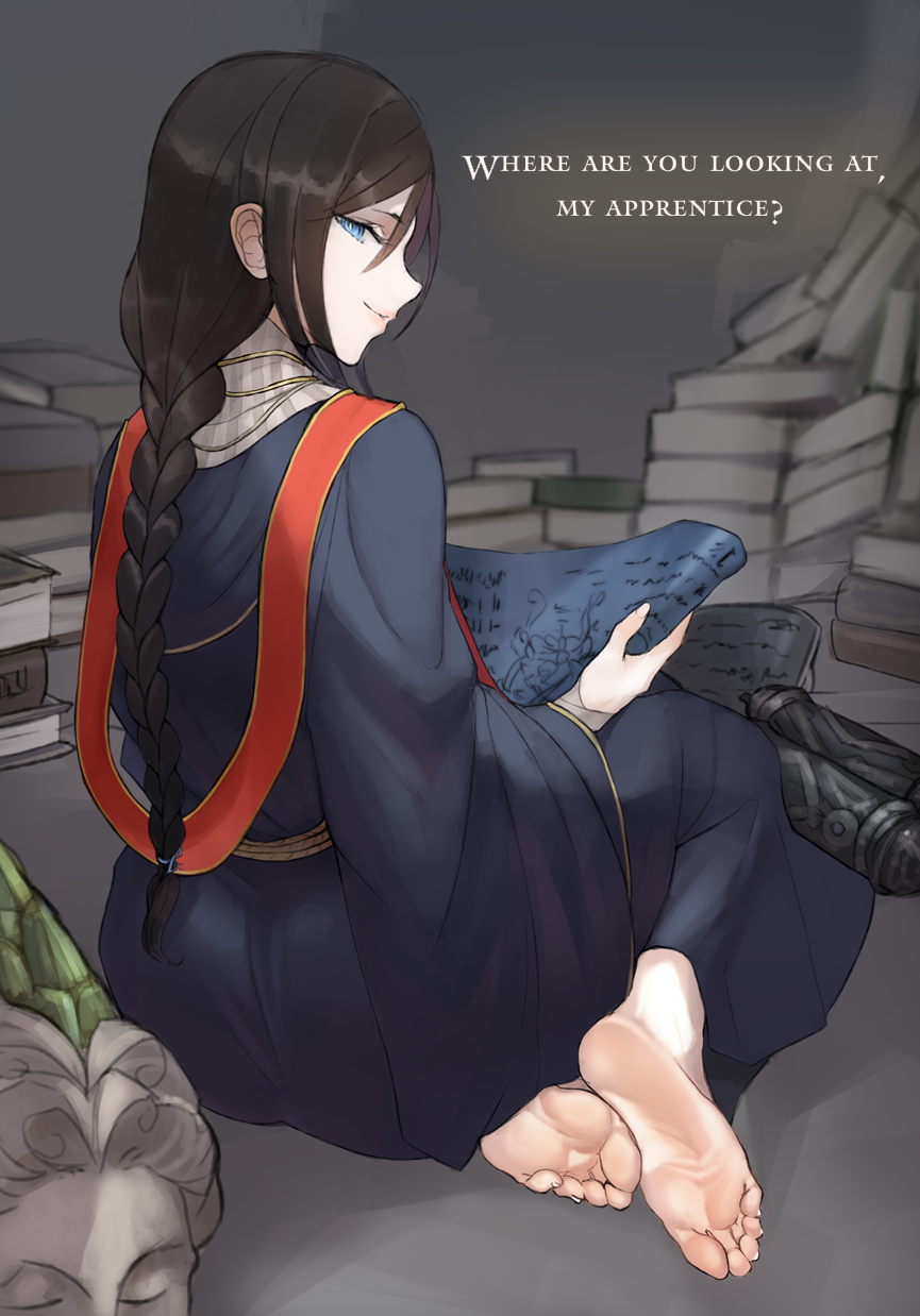 1girl, barefoot, black_hair, blue_eyes, book, book_stack, braid, braided_ponytail, closed_mouth, elden_ring, english_text, feet, female_focus, foot_focus, from_behind, full_body, hair_tie, highres, holding, holding_scroll, long_hair, looking_at_viewer, looking_back, robe, scathegrapes, scroll, sidelocks, sideways_glance, single_braid, sitting, smile, soles, sorceress_sellen, toenails, toes, wariza