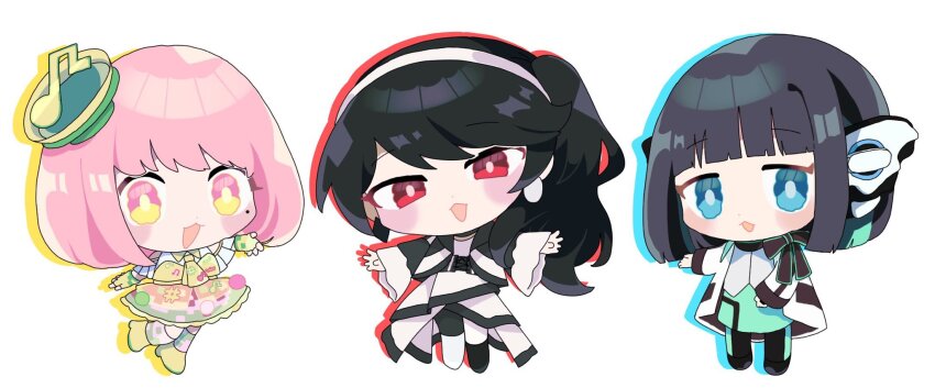 3girls, :d, :o, android, asymmetrical_footwear, asymmetrical_legwear, bare_shoulders, belt