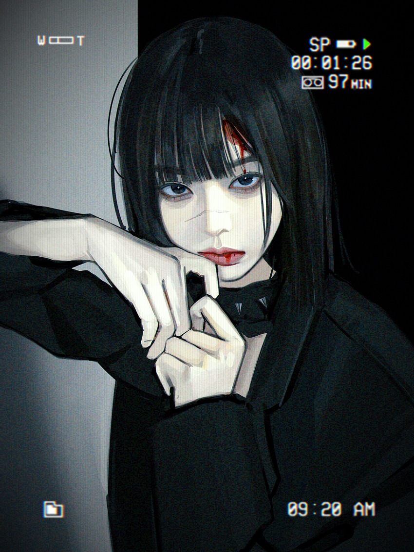 1girl, absurdres, aespa, battery_indicator, black_eyes, black_hair, black_jacket, blazer, blood, blood_in_mouth, blood_on_face, buerhua, commentary, english_commentary, expressionless, highres, jacket, looking_at_viewer, procreate_(medium), real_life, realistic, scar, scar_on_face, scar_on_nose, solo, spikes, timestamp, viewfinder, winter_(aespa)