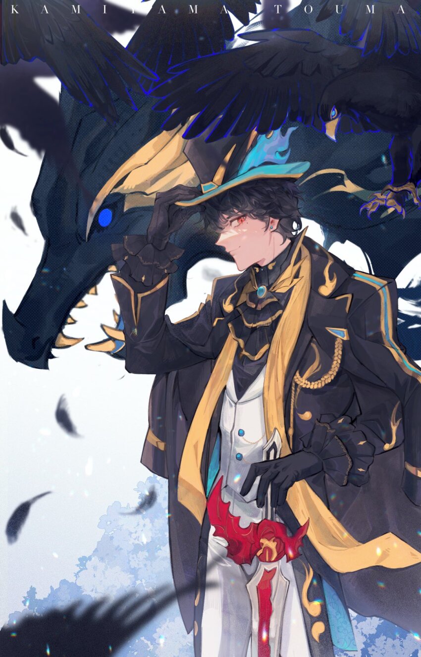 1boy, adapted_costume, alternate_costume, armor, belt, bird, black_gloves, black_hair, black_hat, black_jacket, black_shirt, blue_eyes, blue_fire, cape, character_name, crow, dragon_horns, earrings, fake_horns, fantasy, faulds, feathers, fire, floating_cape, from_side, fur_trim, gloves, gold_trim, gorget, greaves, hat, highres, holding, holding_sword, holding_weapon, horns, jacket, jewelry, kaenken_rekka, kamen_rider, kamen_rider_saber, kamen_rider_saber_(series), kamen_rider_saber_ultimate_bahamut, kamiyama_touma, male_focus, meowq, pants, pauldrons, planted, planted_sword, planted_weapon, red_eyes, sabaton, sharp_teeth, shirt, shoulder_armor, smile, solo, standing, stud_earrings, sword, teeth, tokusatsu, top_hat, vambraces, vest, weapon, white_pants, white_vest