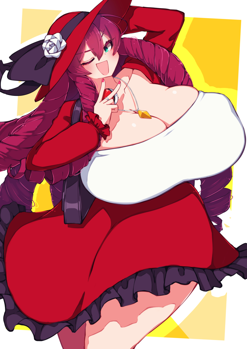 1girl, arms_up, bag, beach_hat, blush, breasts, cleavage, collarbone