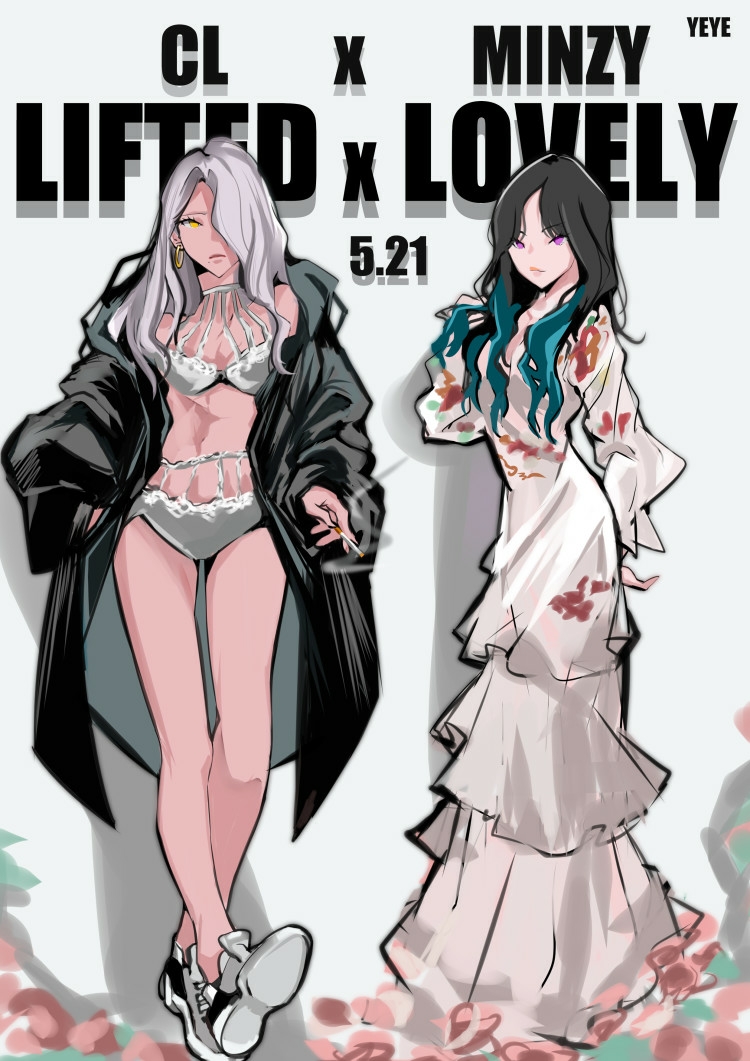 2girls, 2ne1, animification, black_hair, black_jacket, bra, breasts, character_name