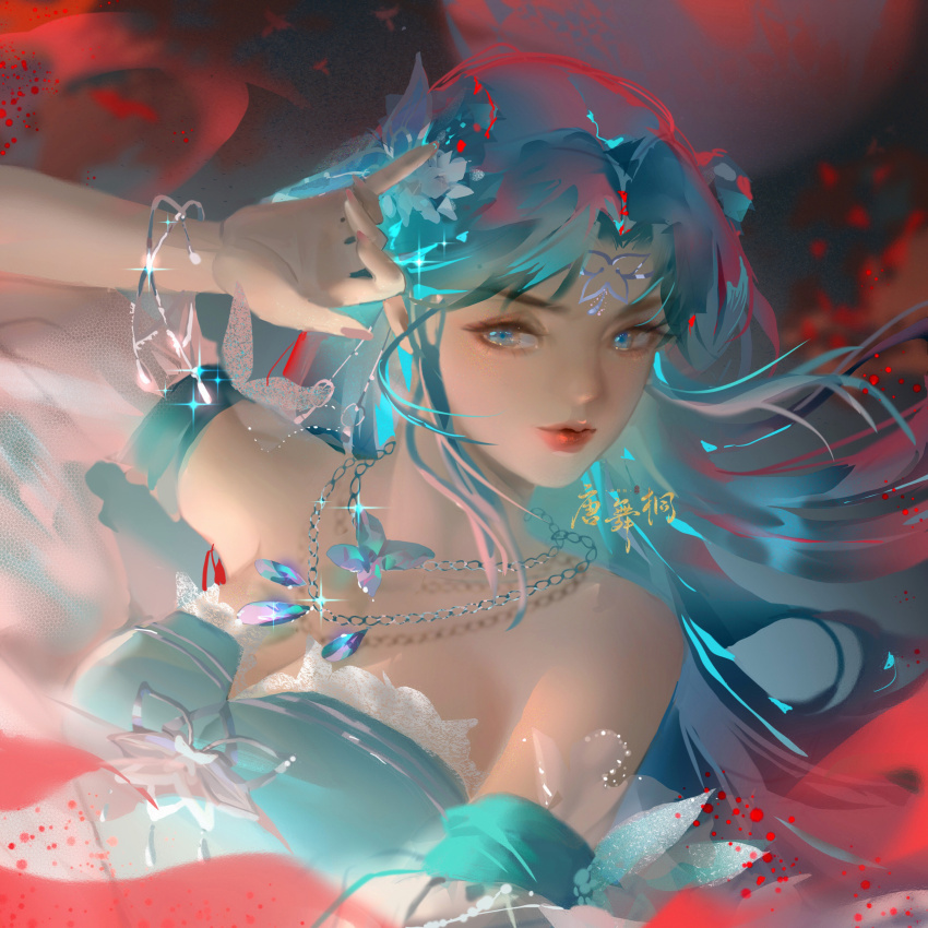 1girl, absurdres, bare_shoulders, blue_dress, blue_eyes, blue_hair, bracelet, butterfly_hair_ornament