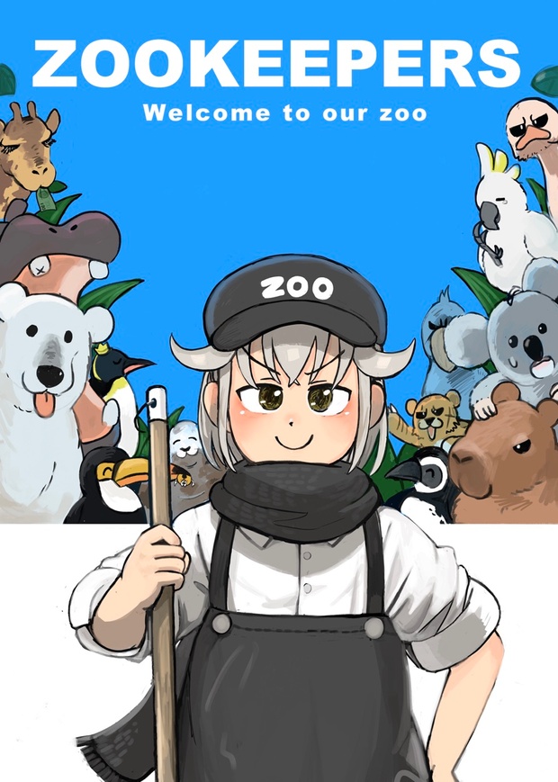 1girl, bear, bird, blue_background, broom, capybara, cheetah, cockatoo, cub, diva_(hyxpk), emperor_penguin, english_text, flat_cap, giraffe, hat, hippopotamus, koala, leaf, looking_at_viewer, magellanic_penguin, ostrich, overalls, penguin, polar_bear, scarf, seal_(animal), shoebill, toucan, white_hair, zoo, zookeeper, zookeepers