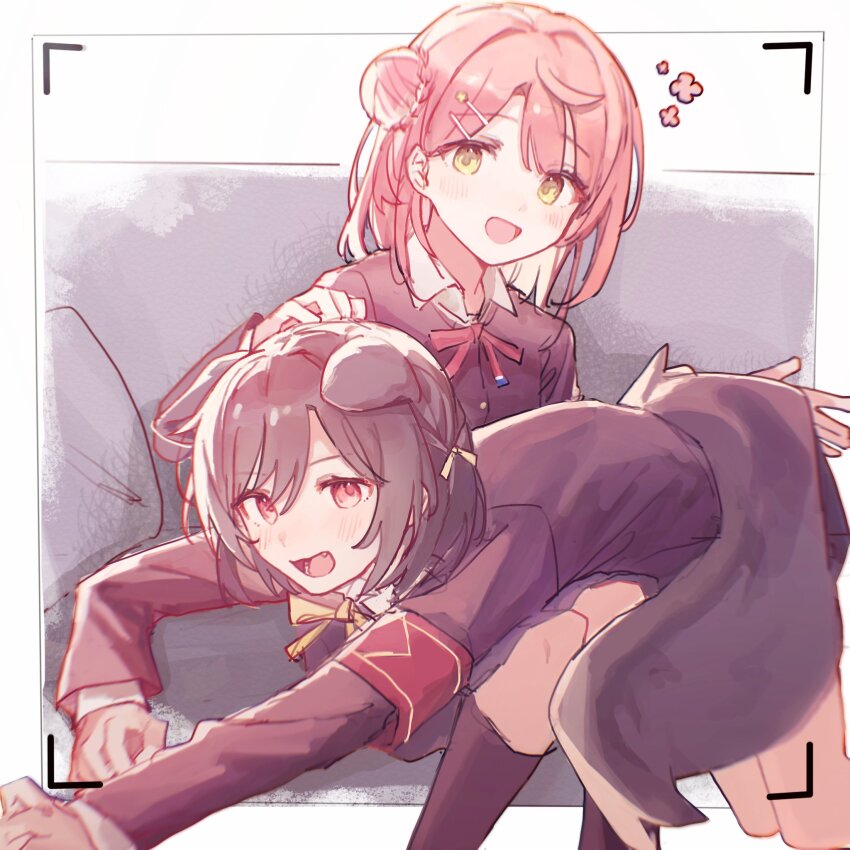 2girls, animal_ears, armband, azhi_nagi, black_hair, braid, braided_bun, bun_with_braided_base, dog_ears, dog_girl, dog_tail, fang, hair_bun, highres, kneehighs, looking_at_viewer, love_live!, love_live!_nijigasaki_high_school_idol_club, lying_on_lap, medium_hair, mifune_shioriko, multiple_girls, nijigasaki_school_uniform, pink_hair, red_eyes, school_uniform, short_hair, smile, socks, tail, uehara_ayumu, viewfinder, yellow_eyes, yuri