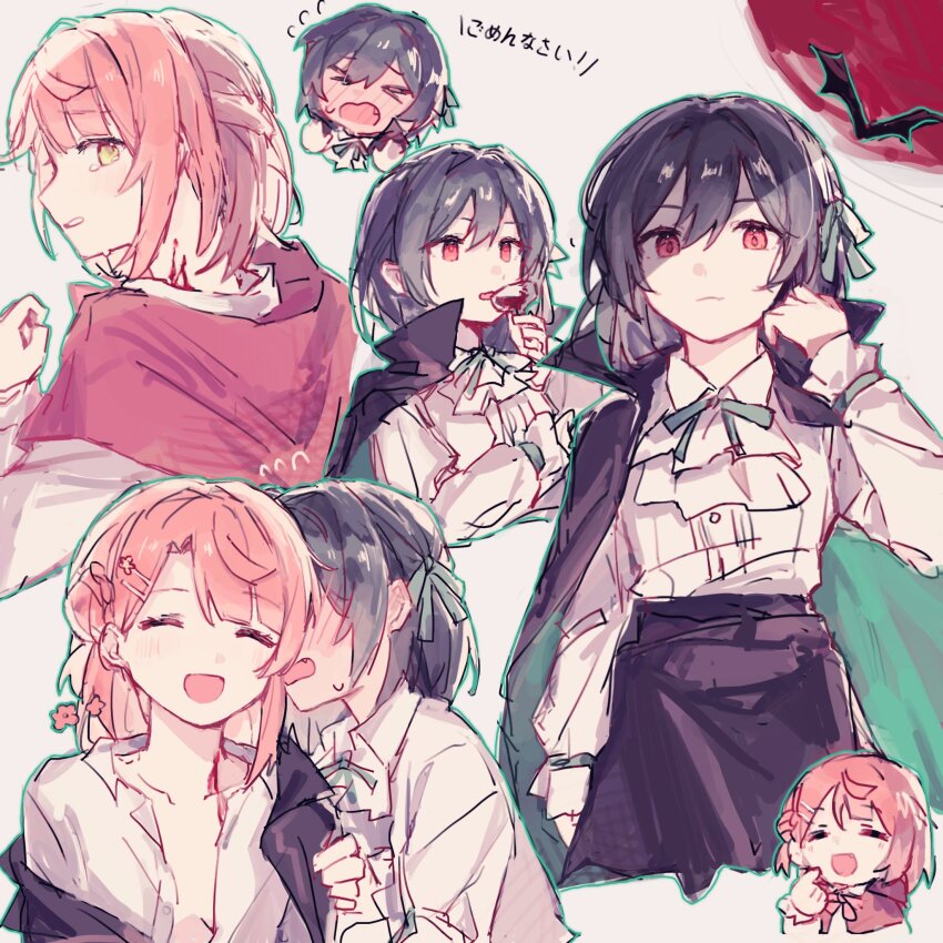 2girls, alternate_costume, ascot, azhi_nagi, biting, black_hair, braid, braided_bun