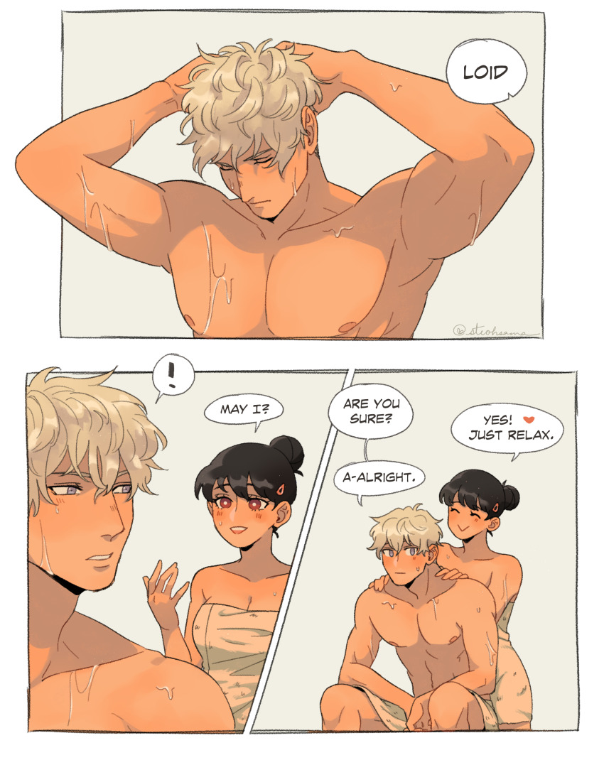 1boy, 1girl, 2koma, :>, black_hair, blonde_hair, breasts, cleavage