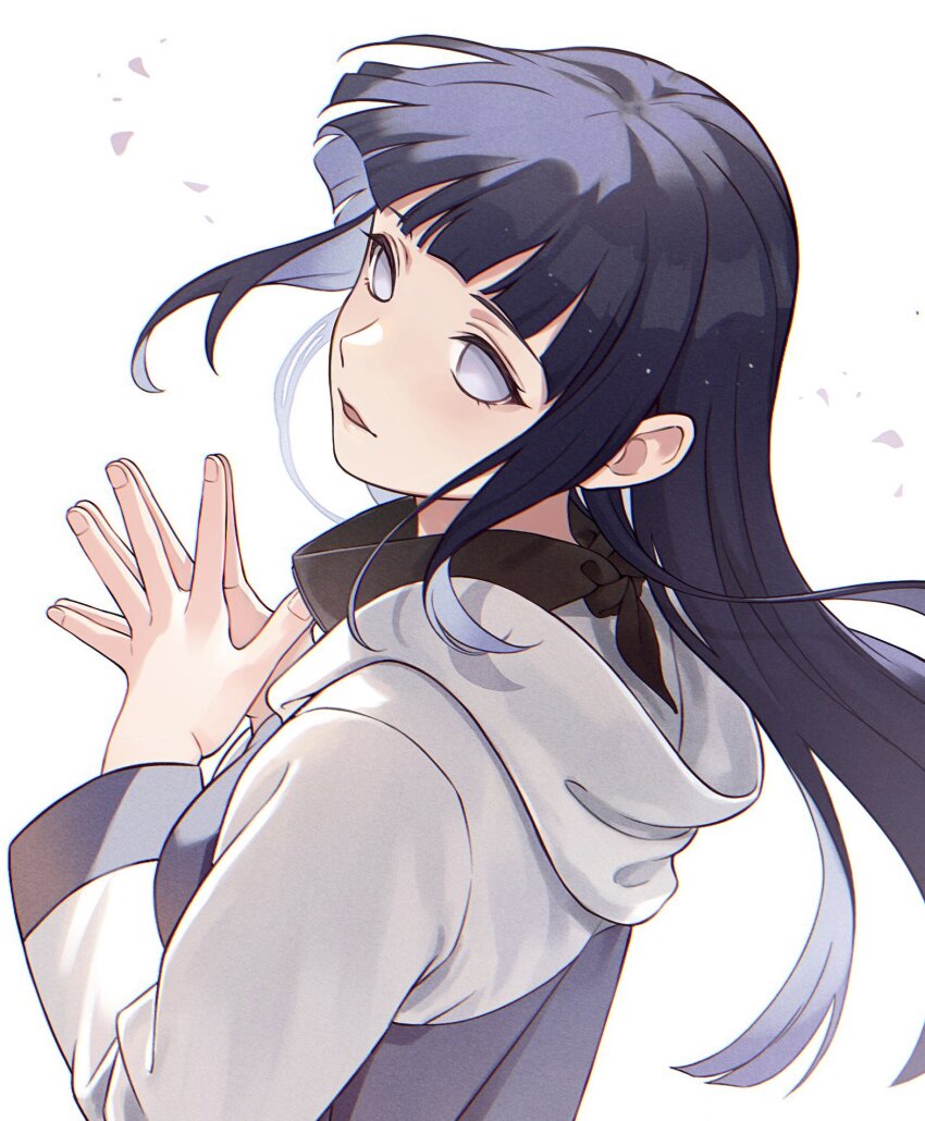 1girl, black_hair, blunt_bangs, cardigan, grey_eyes, grey_sleeves, headband_around_neck, highres