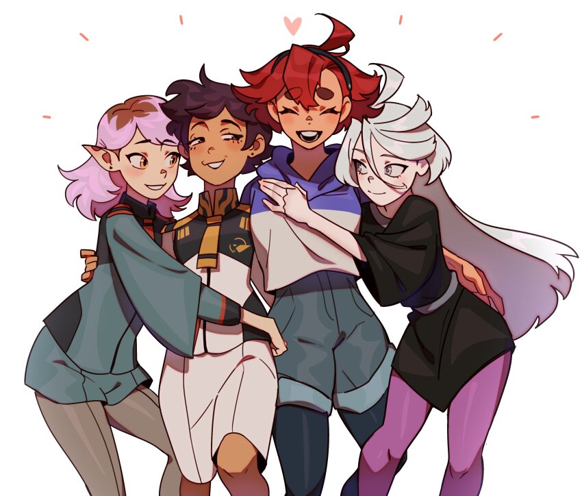 4girls, absurdres, amity_blight, amity_blight_(cosplay), arm_around_shoulder, asticassia_school_uniform, brown_hair, closed_eyes, cosplay, costume_switch, couple, crossover, dark-skinned_female, dark_skin, female_focus, grey_hair, gundam, gundam_suisei_no_majo, heart, highres, hug, long_hair, luz_noceda, luz_noceda_(cosplay), medium_hair, miorine_rembran, miorine_rembran_(cosplay), multicolored_hair, multiple_girls, pantyhose, pantyhose_under_shorts, pointy_ears, purple_hair, red_hair, rengemenge, school_uniform, short_hair, shorts, simple_background, smile, suletta_mercury, suletta_mercury_(cosplay), the_owl_house, trait_connection, two-tone_hair, yuri